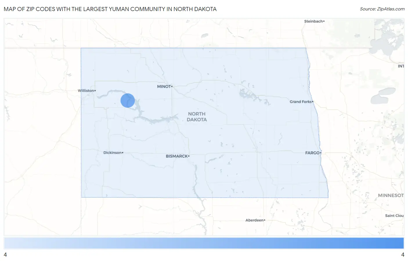 Zip Codes with the Largest Yuman Community in North Dakota Map