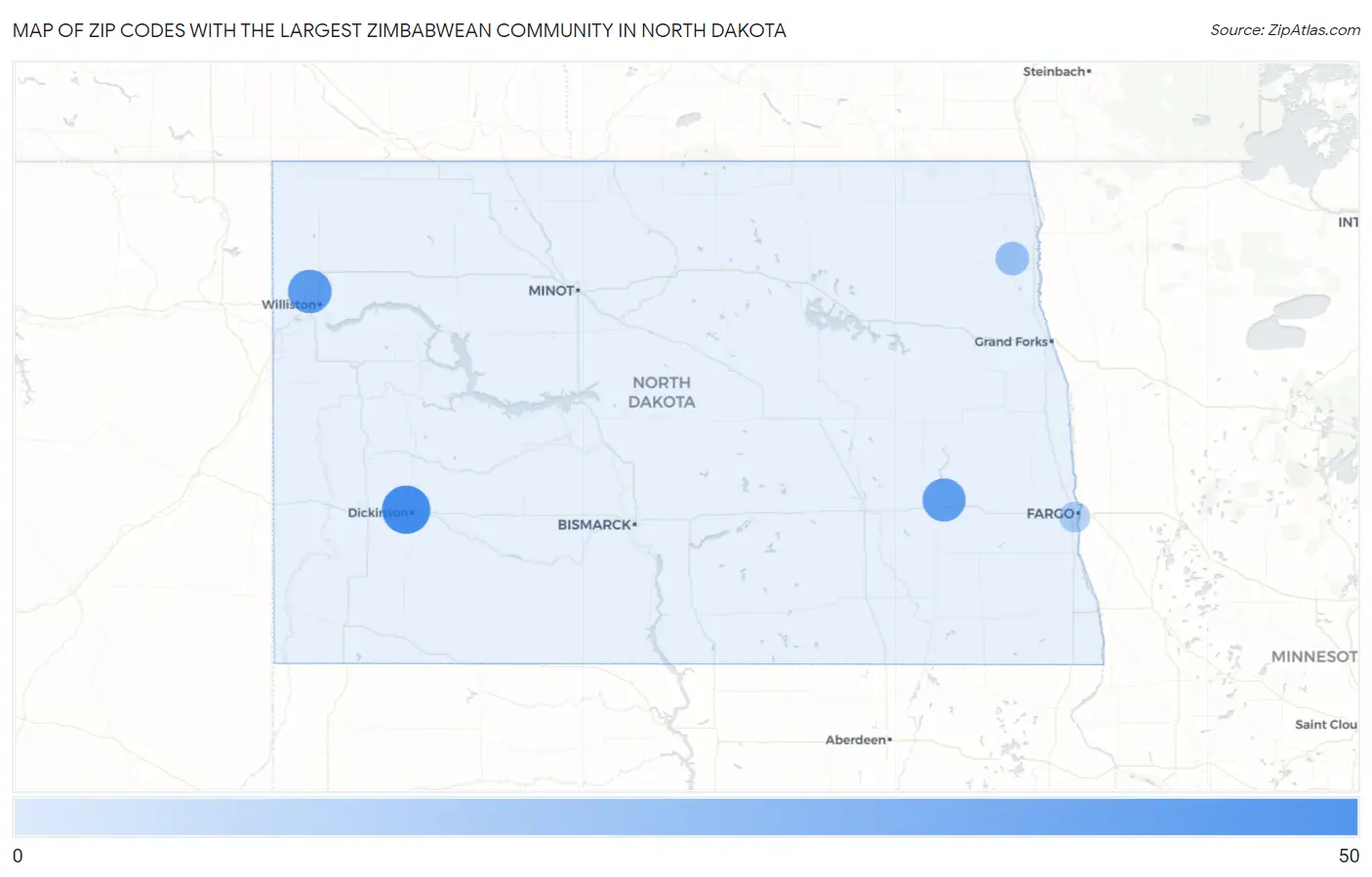 Zip Codes with the Largest Zimbabwean Community in North Dakota Map
