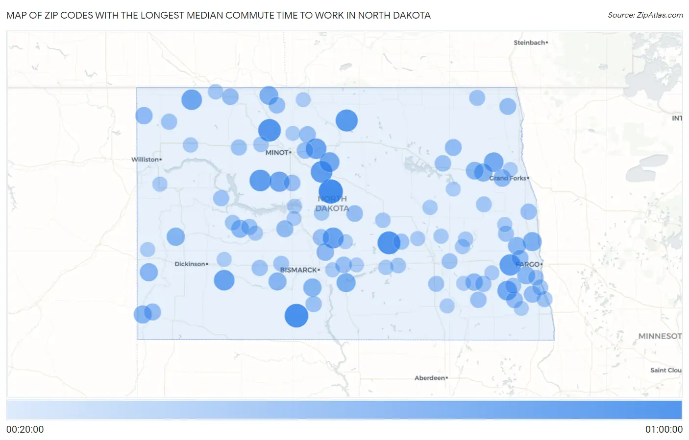 Zip Codes with the Longest Median Commute Time to Work in North Dakota Map