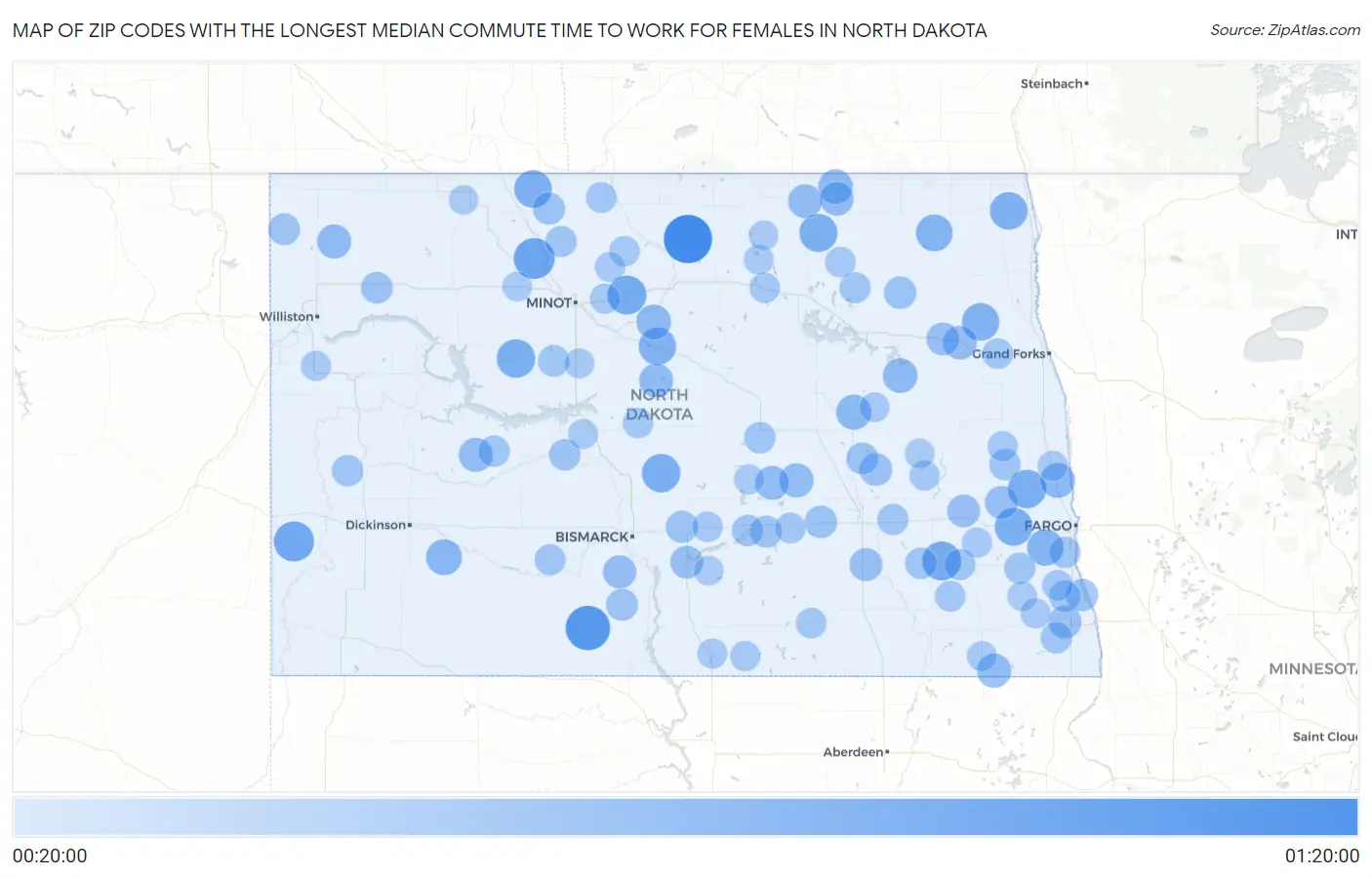 Zip Codes with the Longest Median Commute Time to Work for Females in North Dakota Map