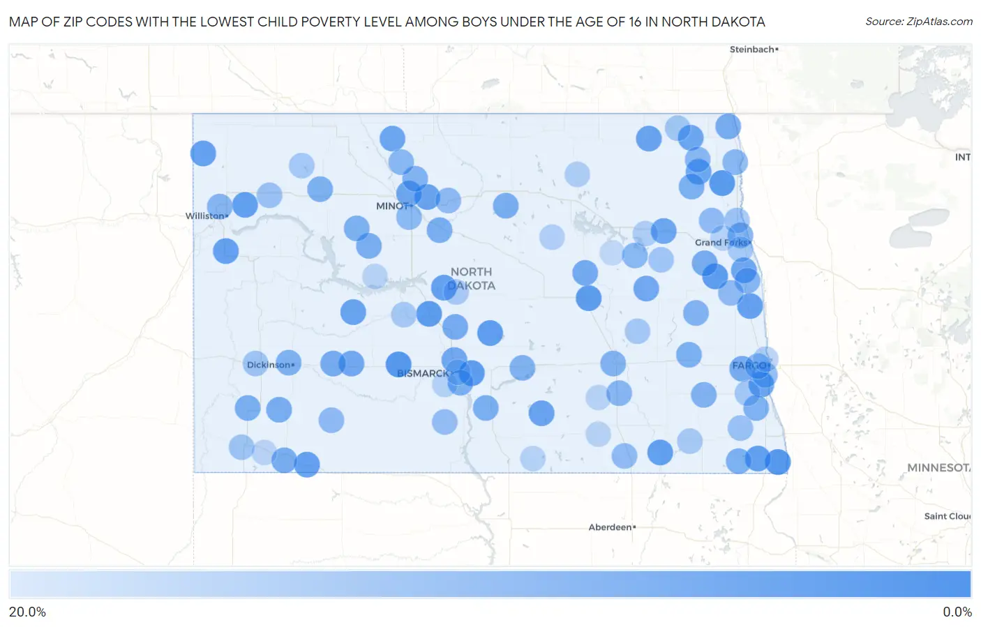 Zip Codes with the Lowest Child Poverty Level Among Boys Under the Age of 16 in North Dakota Map