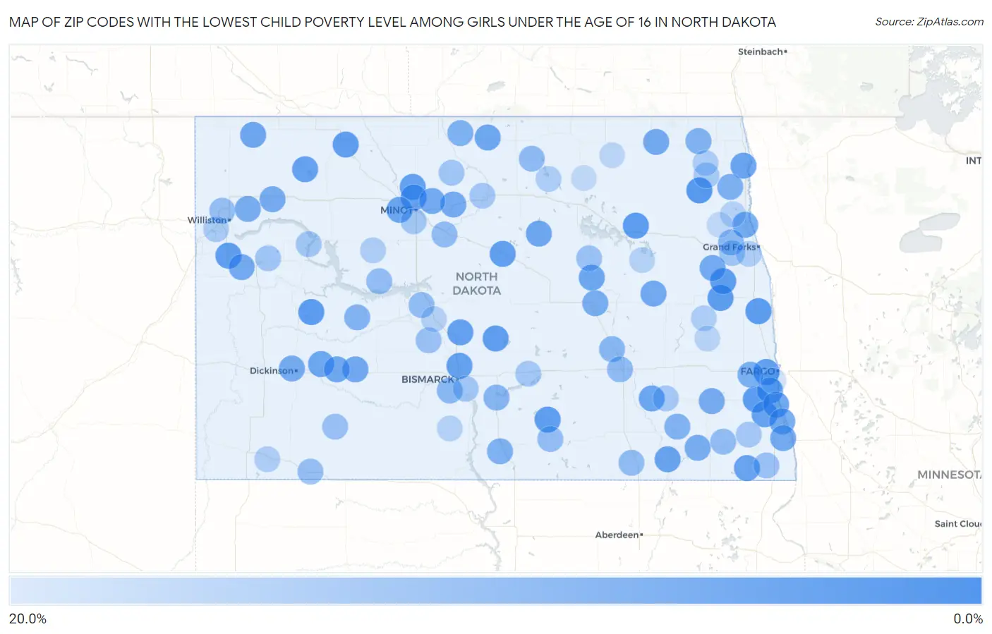 Zip Codes with the Lowest Child Poverty Level Among Girls Under the Age of 16 in North Dakota Map