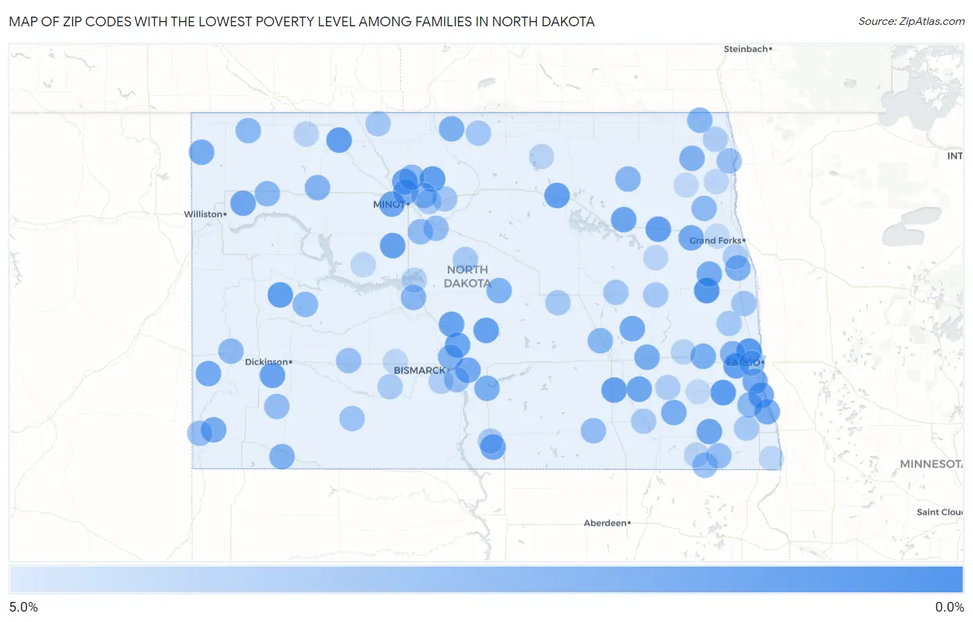 Zip Codes with the Lowest Poverty Level Among Families in North Dakota Map