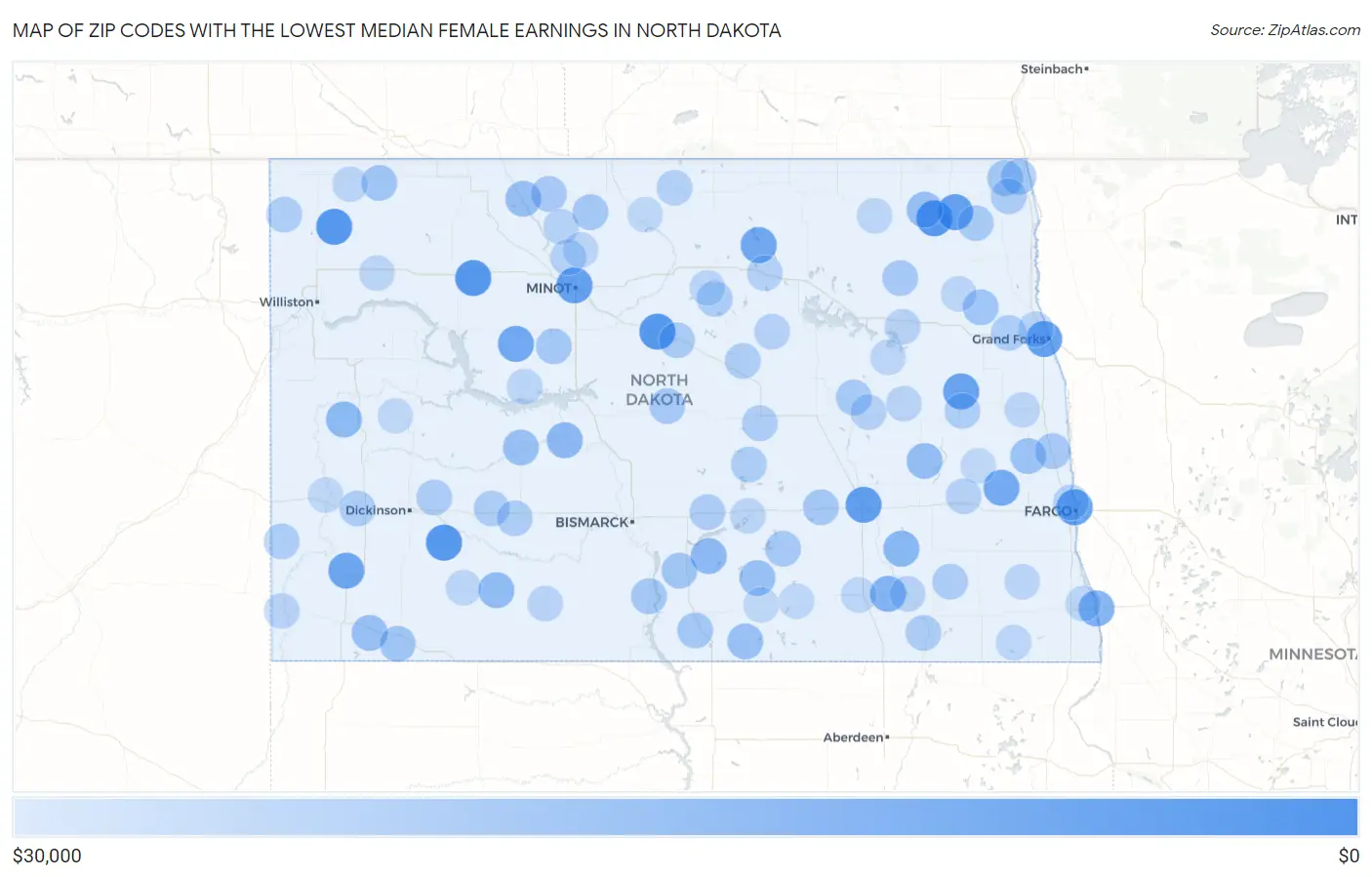 Zip Codes with the Lowest Median Female Earnings in North Dakota Map