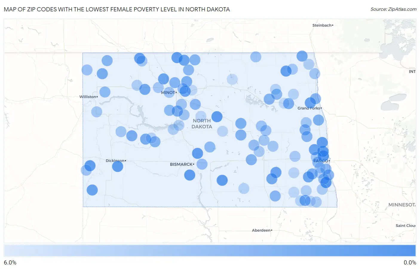 Zip Codes with the Lowest Female Poverty Level in North Dakota Map