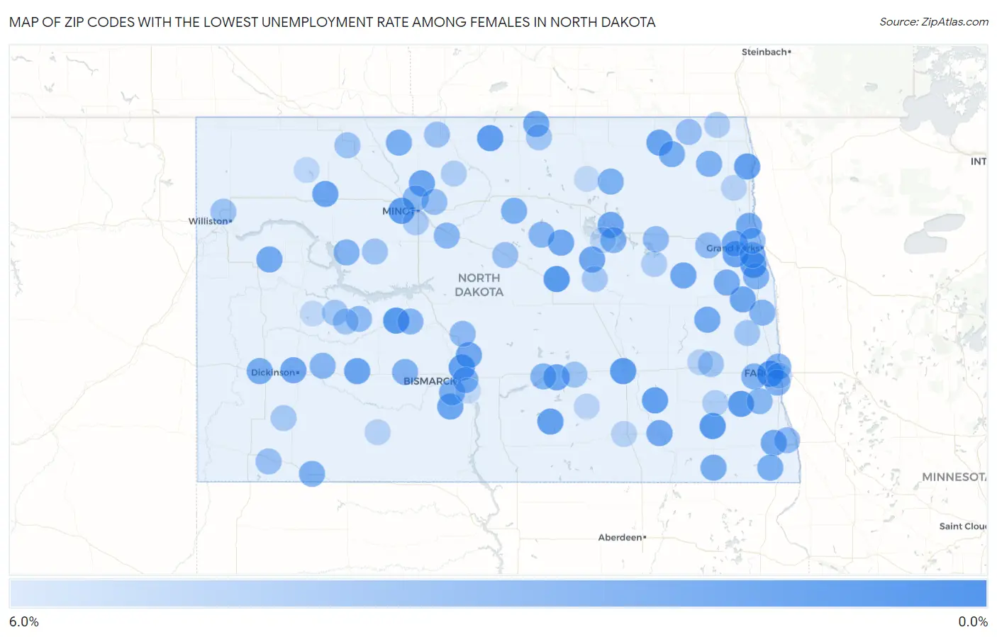 Zip Codes with the Lowest Unemployment Rate Among Females in North Dakota Map