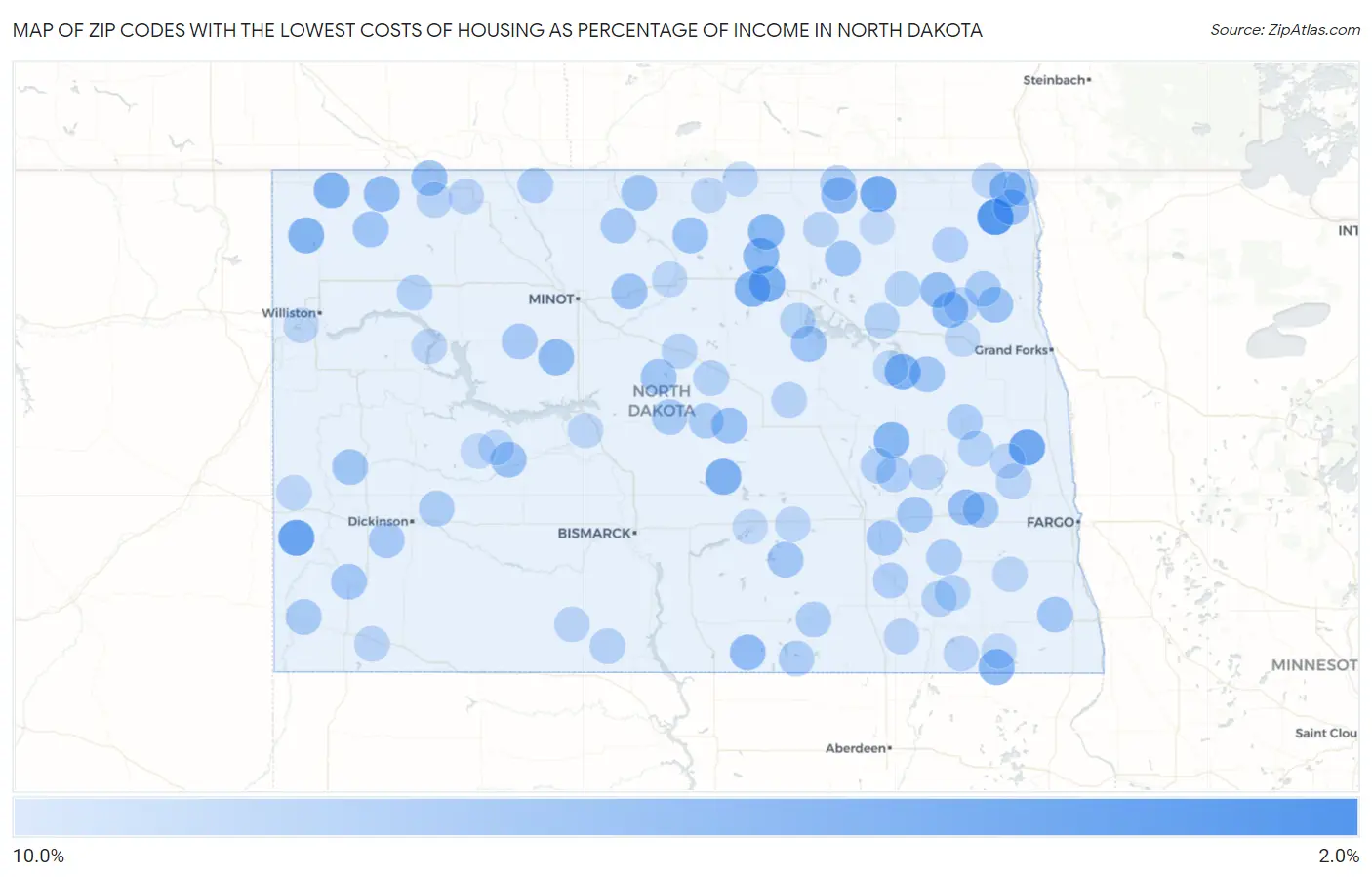 Zip Codes with the Lowest Costs of Housing as Percentage of Income in North Dakota Map