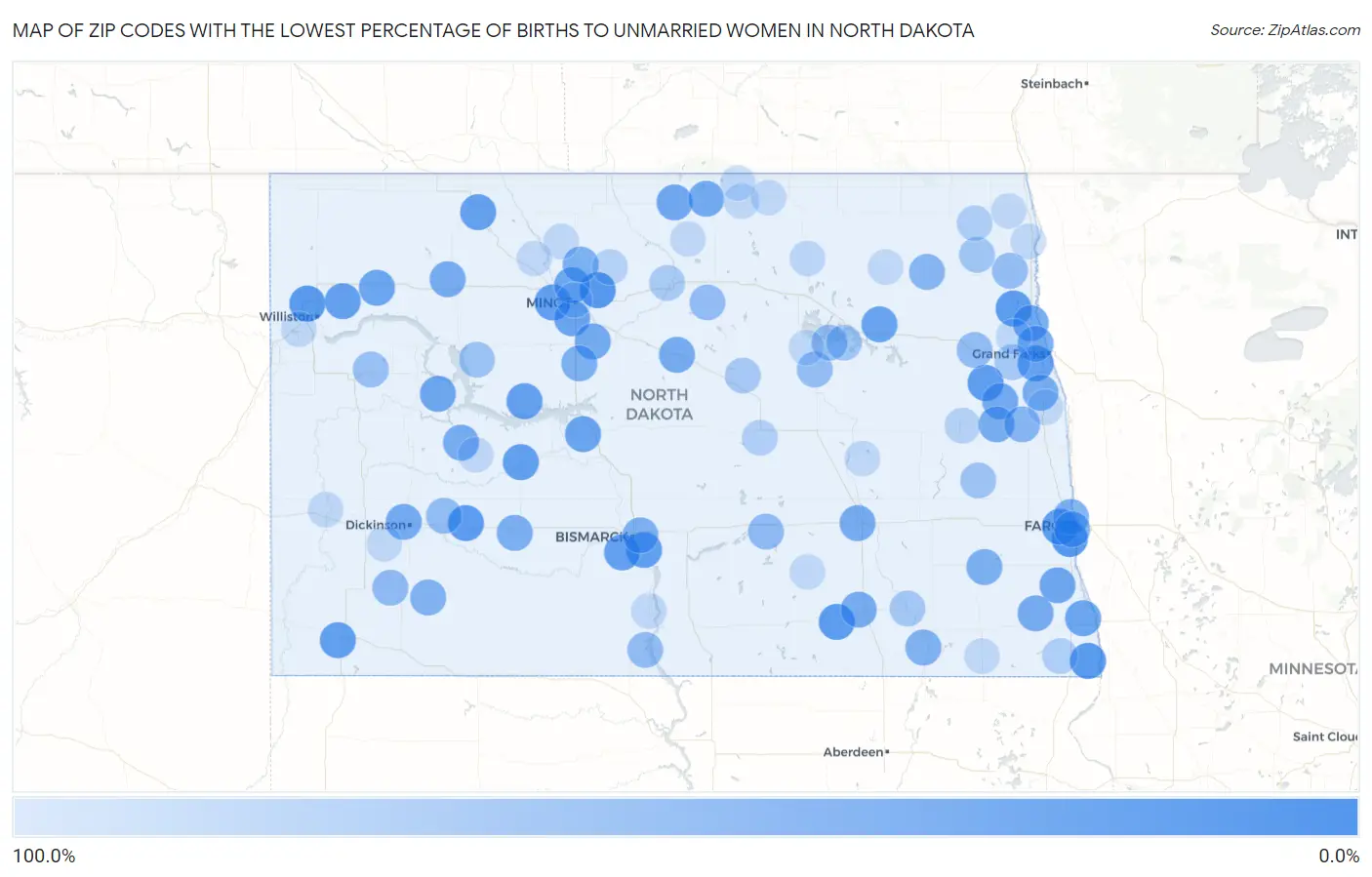 Zip Codes with the Lowest Percentage of Births to Unmarried Women in North Dakota Map