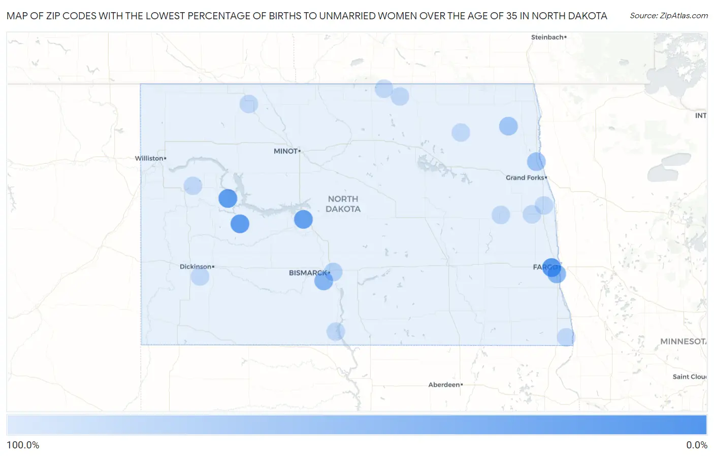 Zip Codes with the Lowest Percentage of Births to Unmarried Women over the Age of 35 in North Dakota Map