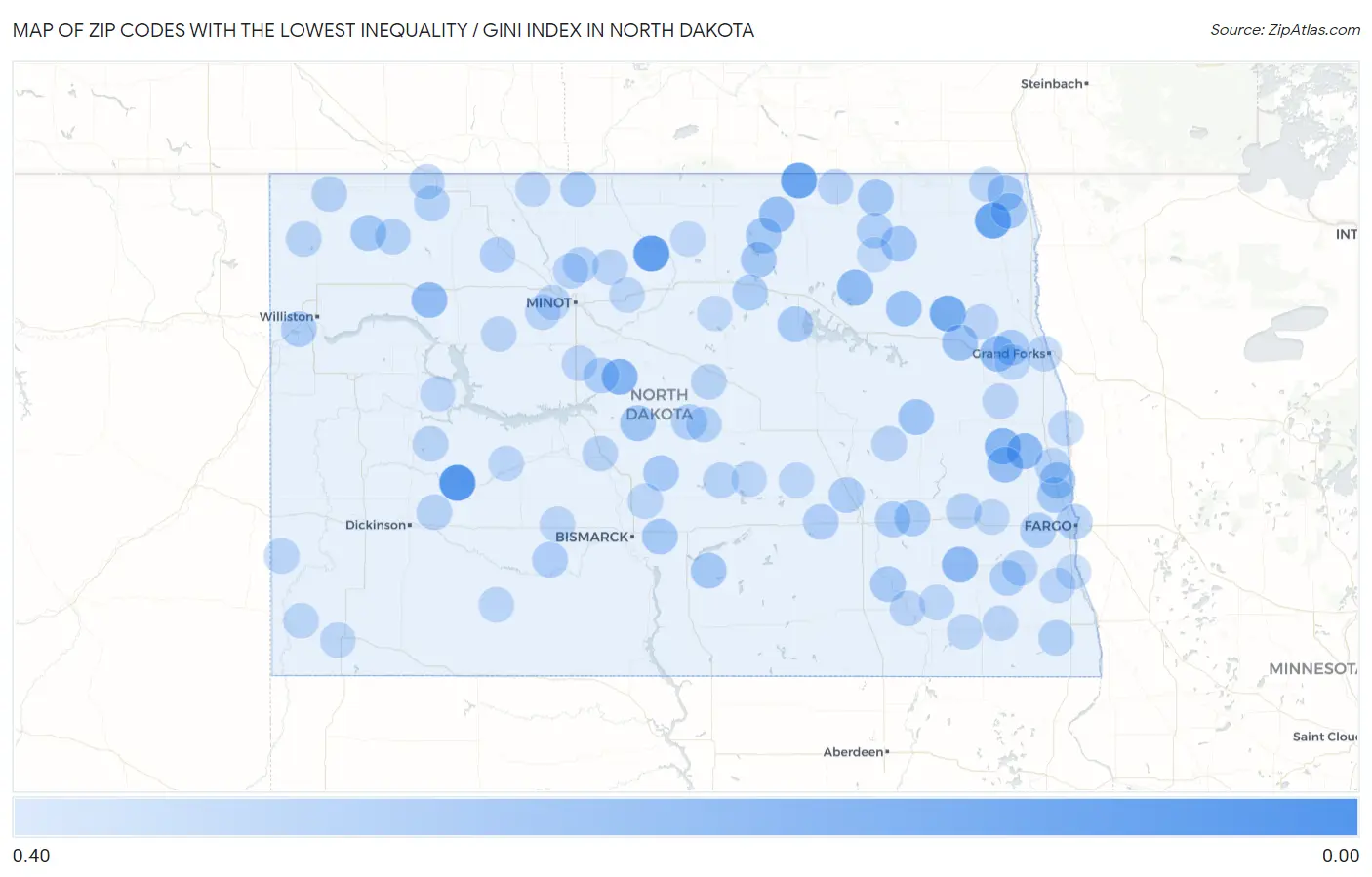 Zip Codes with the Lowest Inequality / Gini Index in North Dakota Map