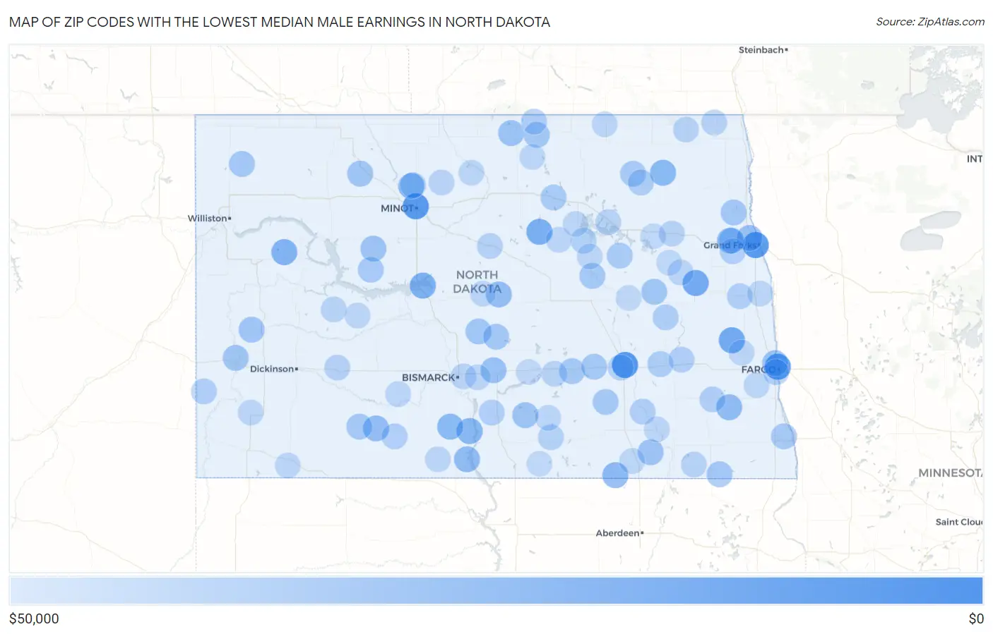 Zip Codes with the Lowest Median Male Earnings in North Dakota Map