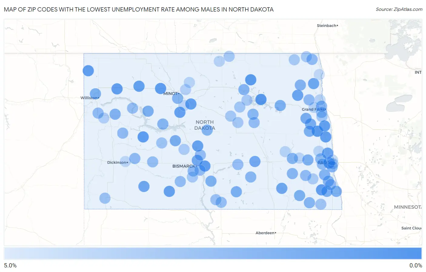 Zip Codes with the Lowest Unemployment Rate Among Males in North Dakota Map