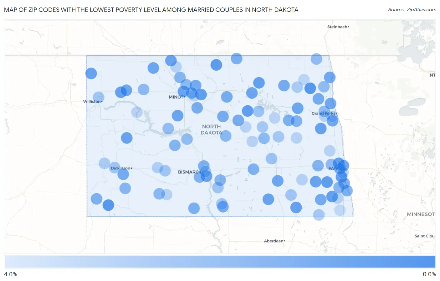 Zip Codes with the Lowest Poverty Level Among Married Couples in North Dakota Map