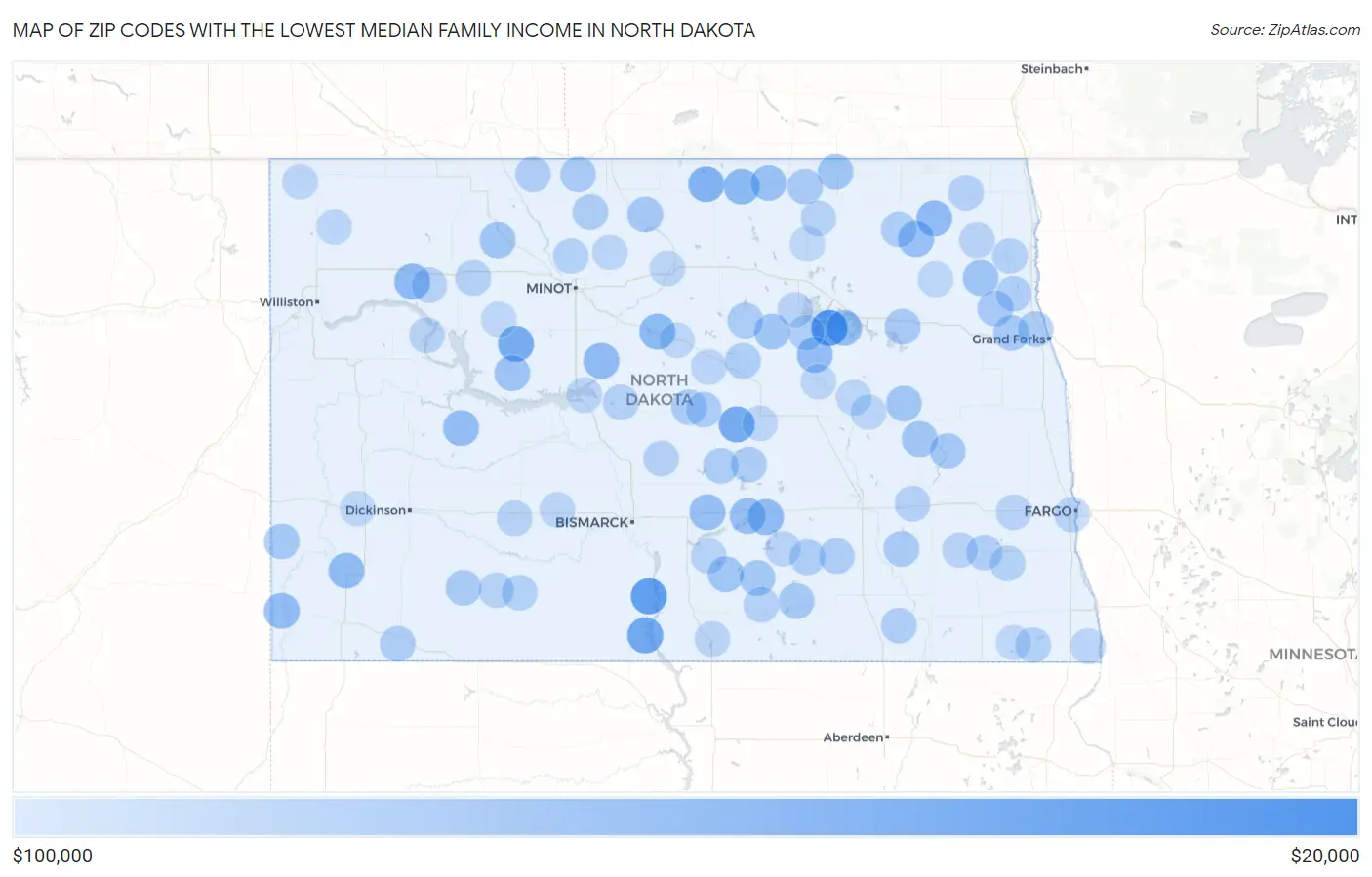 Zip Codes with the Lowest Median Family Income in North Dakota Map