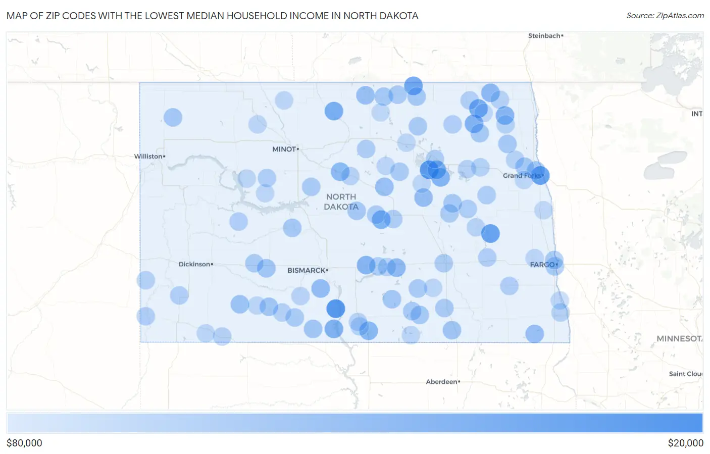 Zip Codes with the Lowest Median Household Income in North Dakota Map