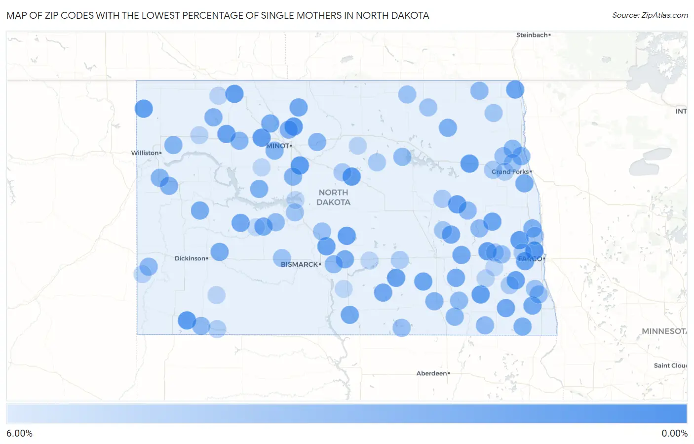 Zip Codes with the Lowest Percentage of Single Mothers in North Dakota Map