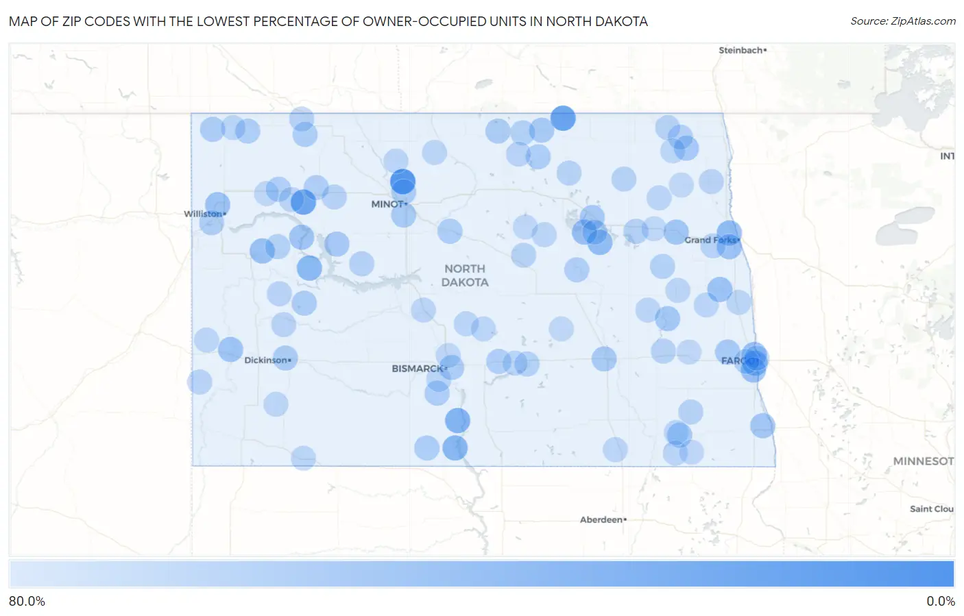 Zip Codes with the Lowest Percentage of Owner-Occupied Units in North Dakota Map