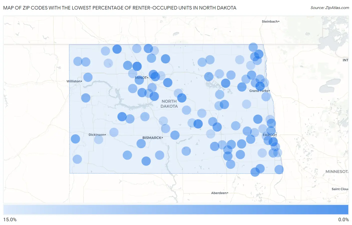 Zip Codes with the Lowest Percentage of Renter-Occupied Units in North Dakota Map