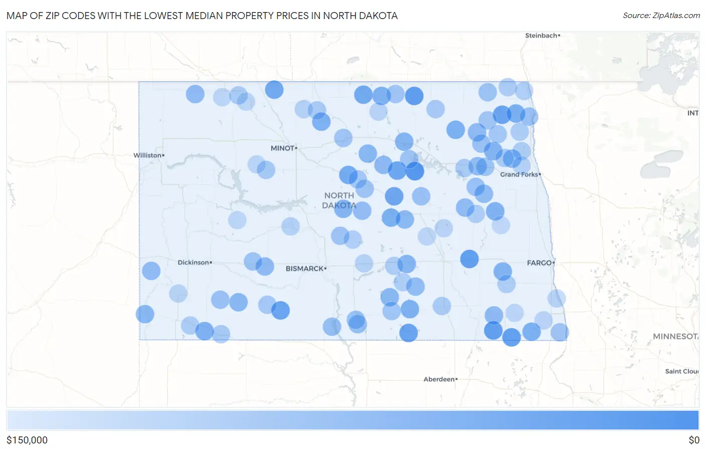 Zip Codes with the Lowest Median Property Prices in North Dakota Map