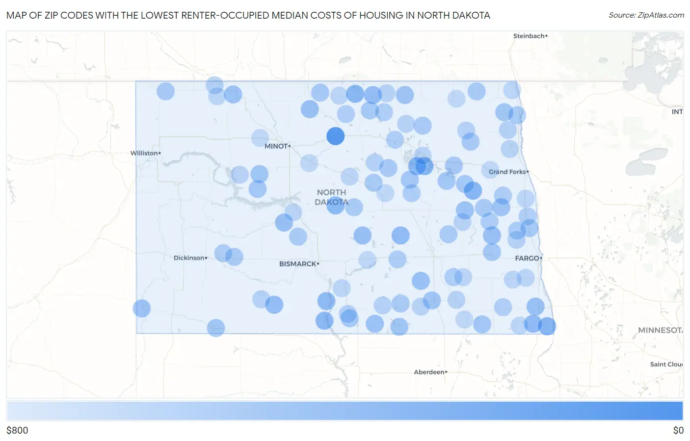 Zip Codes with the Lowest Renter-Occupied Median Costs of Housing in North Dakota Map