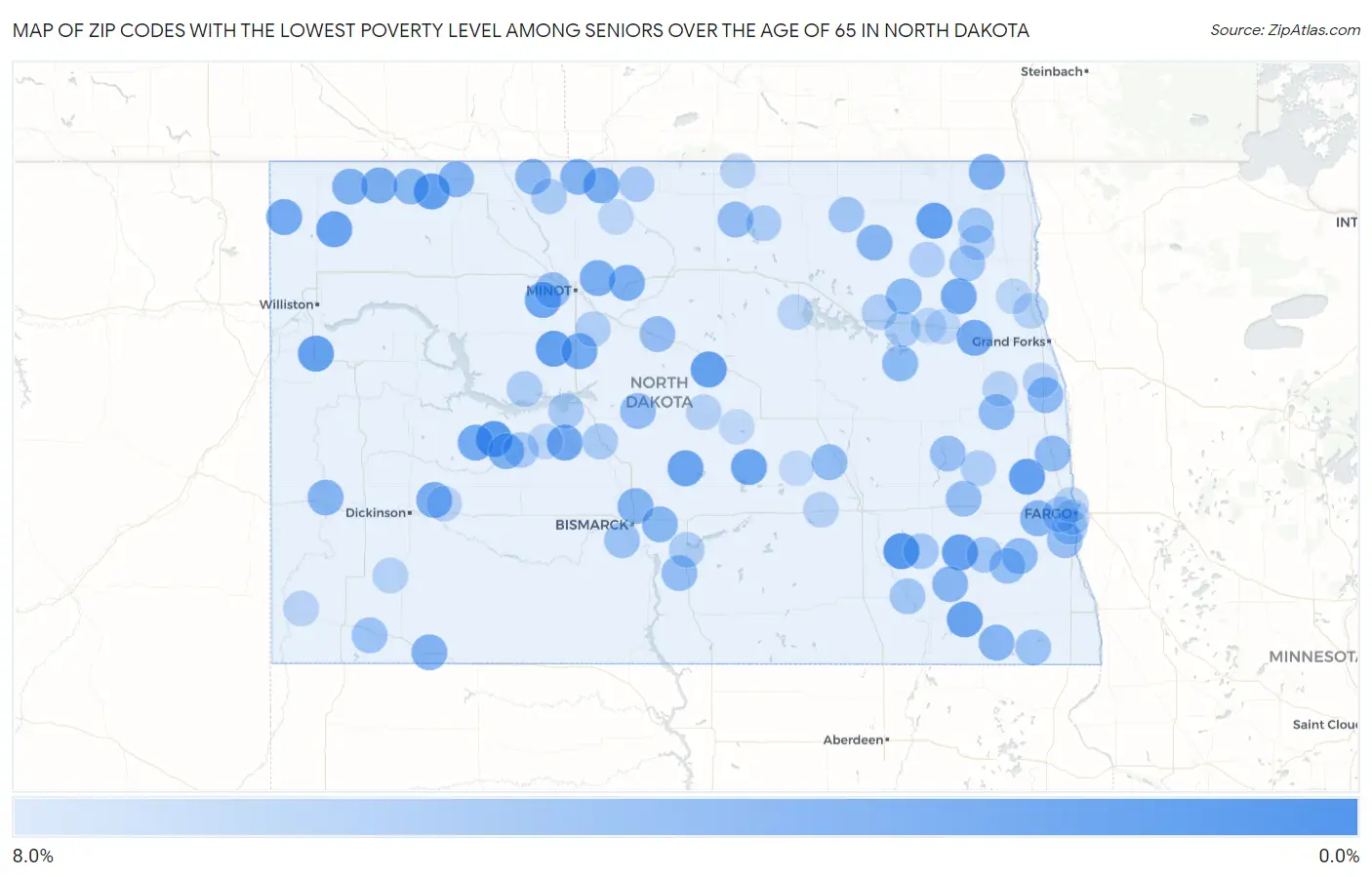 Zip Codes with the Lowest Poverty Level Among Seniors Over the Age of 65 in North Dakota Map