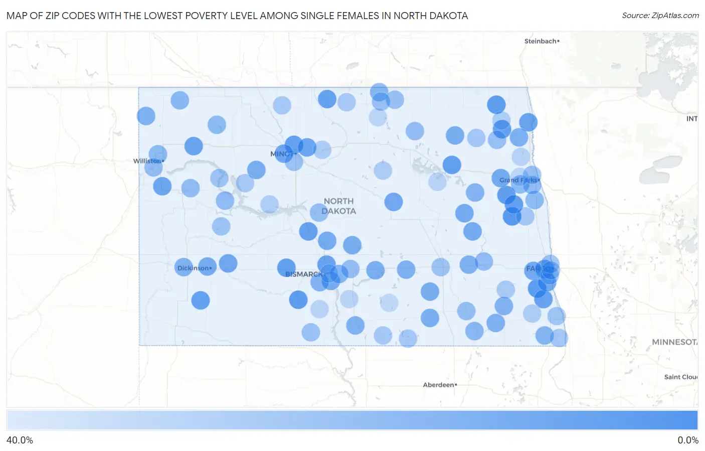 Zip Codes with the Lowest Poverty Level Among Single Females in North Dakota Map
