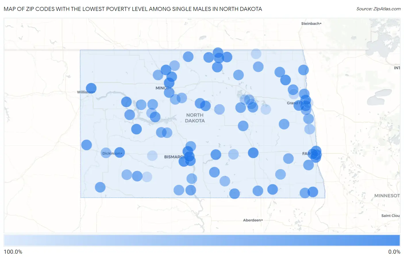 Zip Codes with the Lowest Poverty Level Among Single Males in North Dakota Map