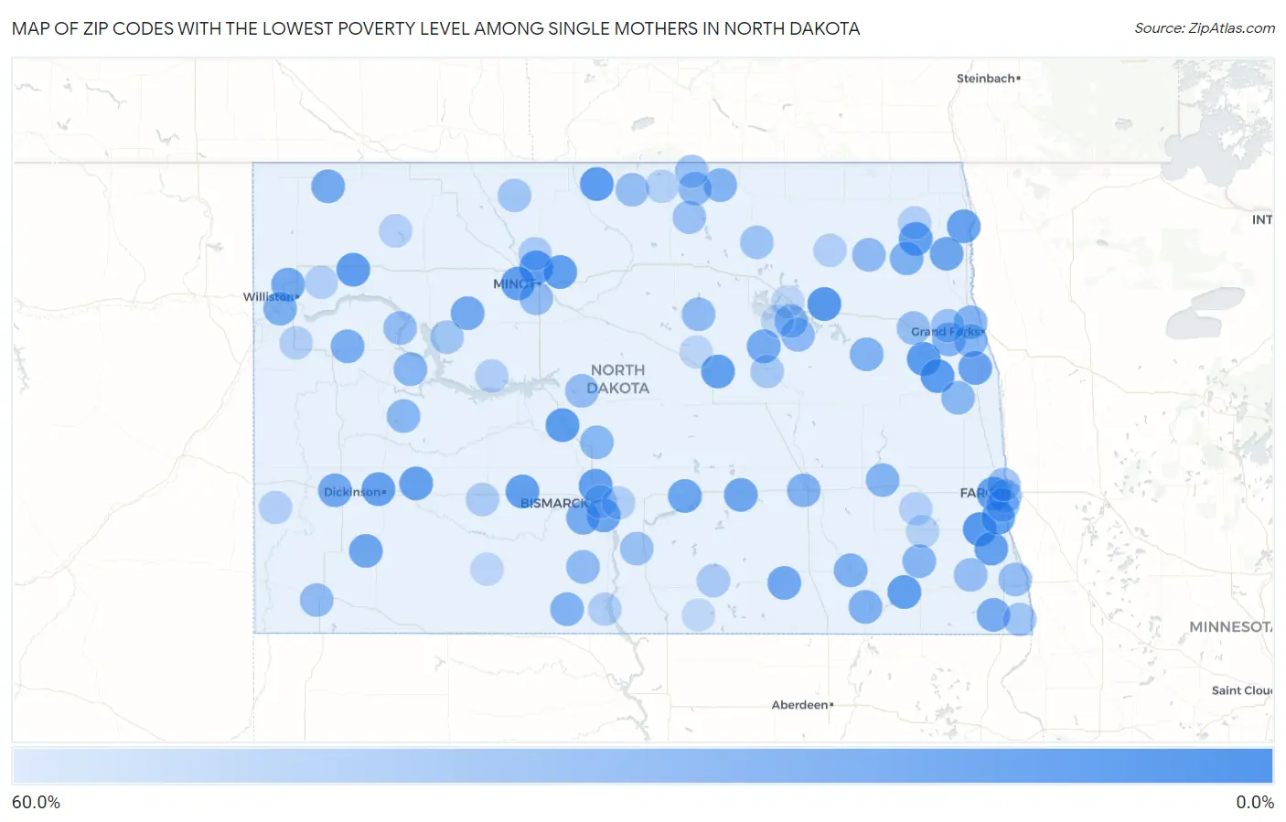 Zip Codes with the Lowest Poverty Level Among Single Mothers in North Dakota Map