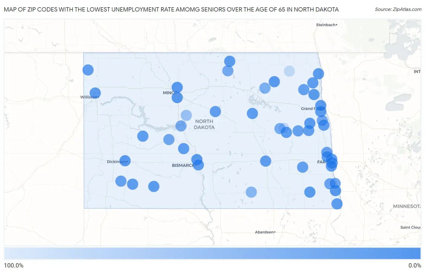 Zip Codes with the Lowest Unemployment Rate Amomg Seniors Over the Age of 65 in North Dakota Map