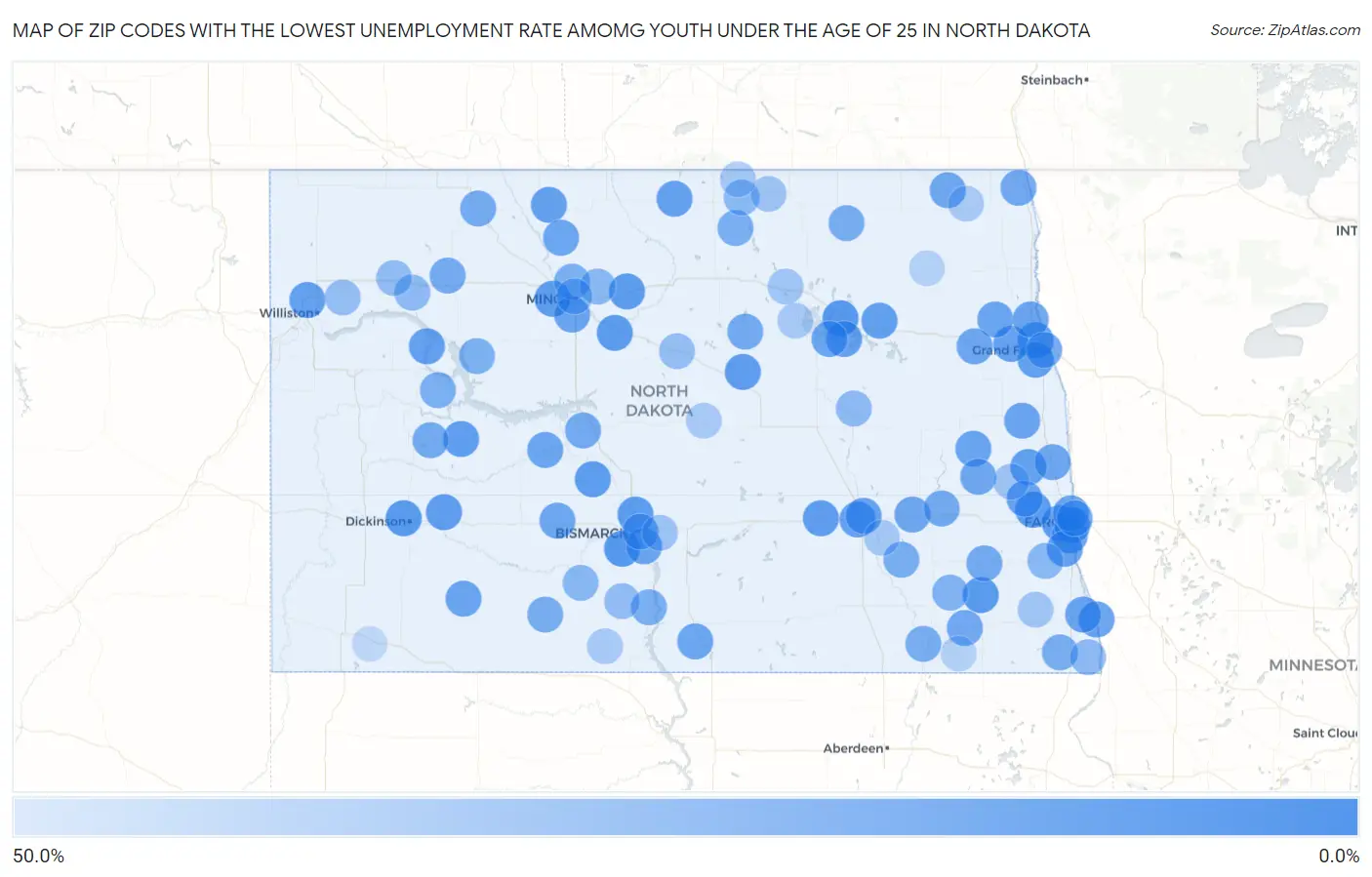 Zip Codes with the Lowest Unemployment Rate Amomg Youth Under the Age of 25 in North Dakota Map