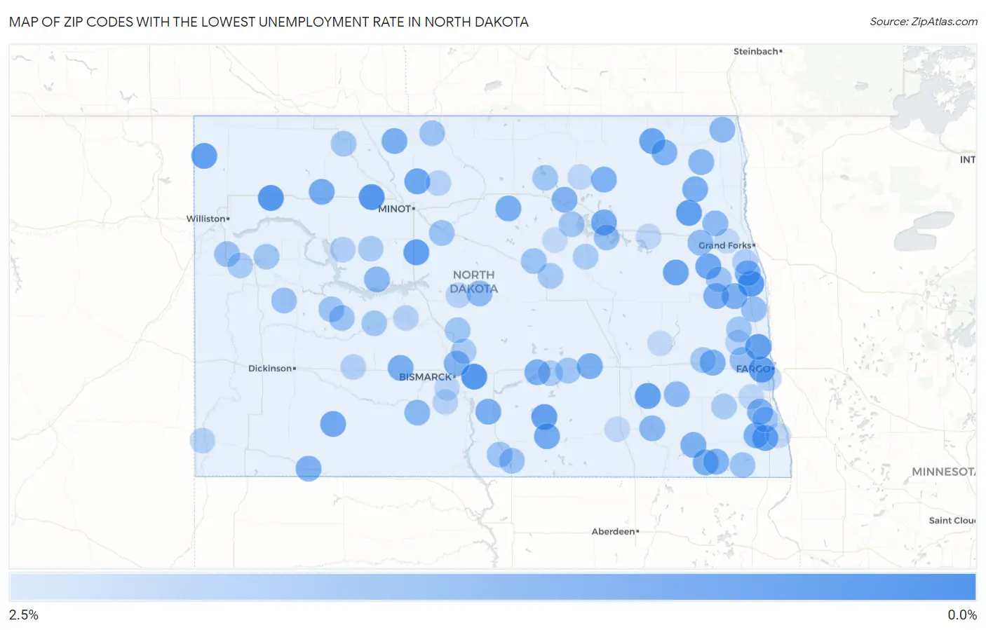 Zip Codes with the Lowest Unemployment Rate in North Dakota Map