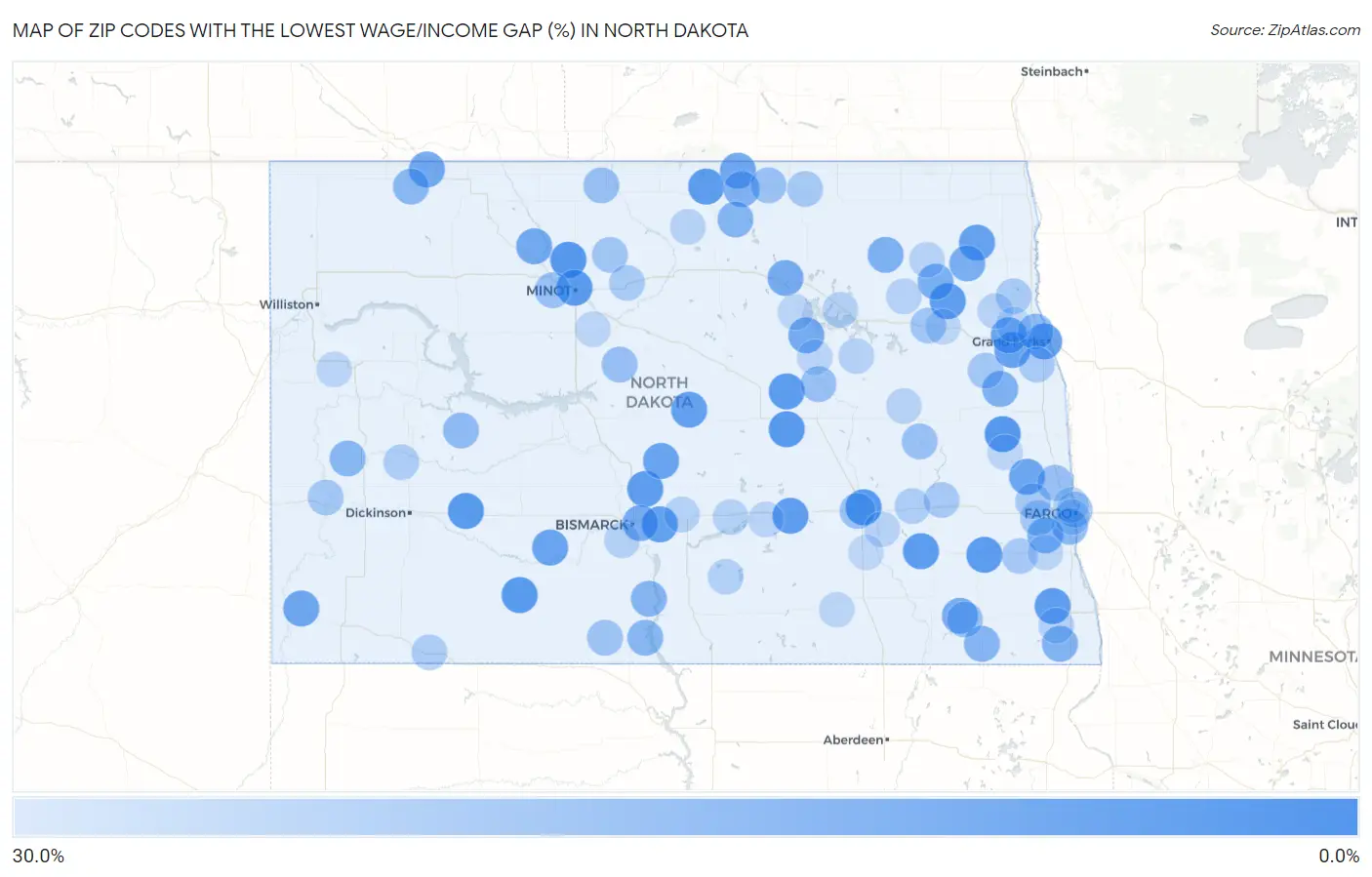 Zip Codes with the Lowest Wage/Income Gap (%) in North Dakota Map