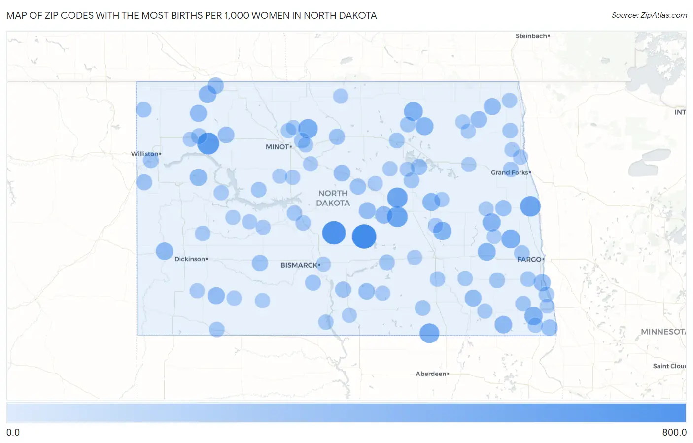 Zip Codes with the Most Births per 1,000 Women in North Dakota Map