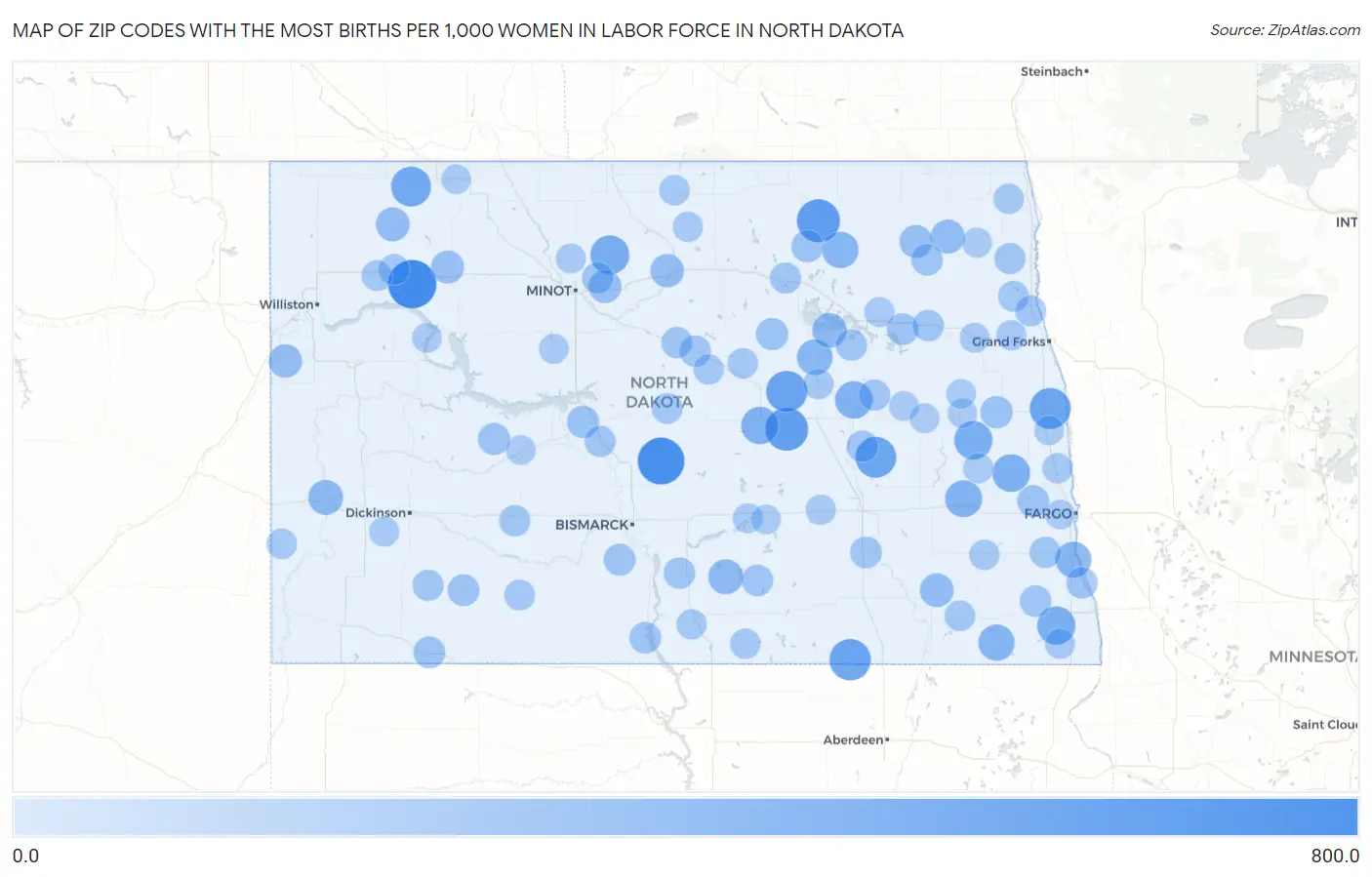 Zip Codes with the Most Births per 1,000 Women in Labor Force in North Dakota Map