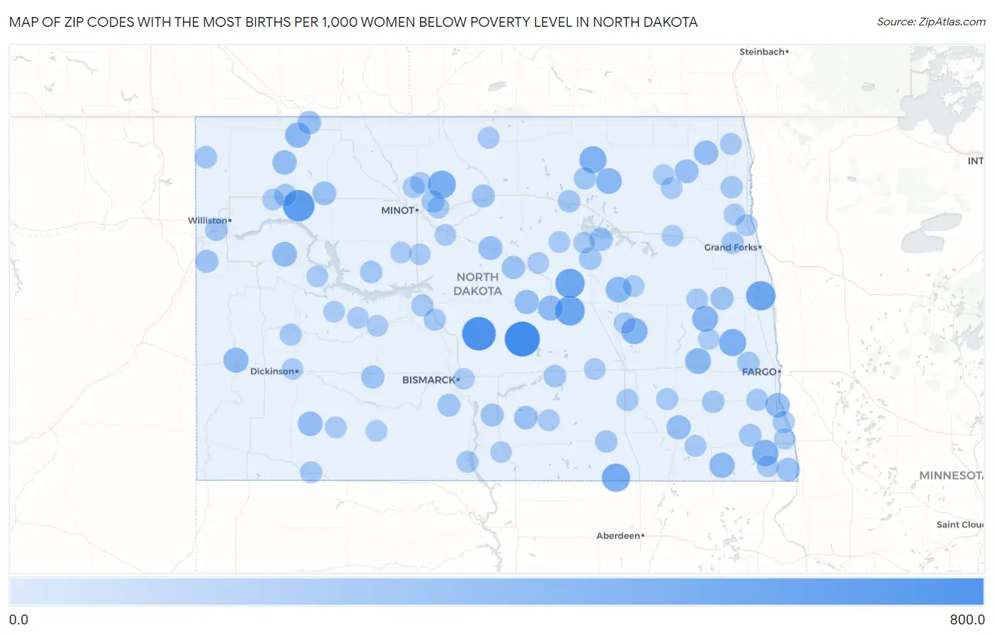 Zip Codes with the Most Births per 1,000 Women Below Poverty Level in North Dakota Map