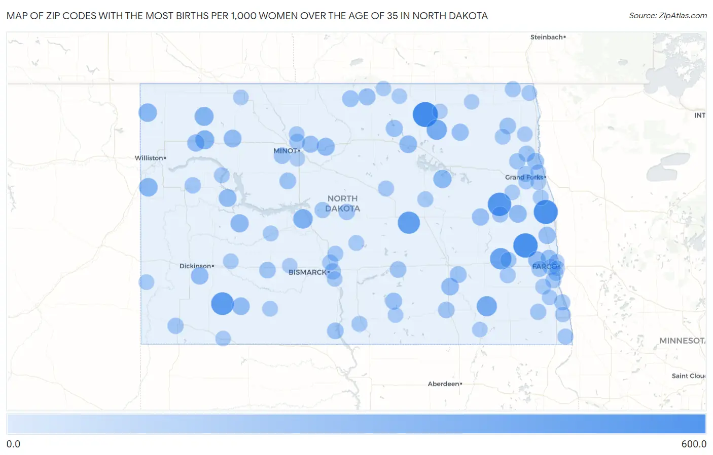 Zip Codes with the Most Births per 1,000 Women Over the Age of 35 in North Dakota Map