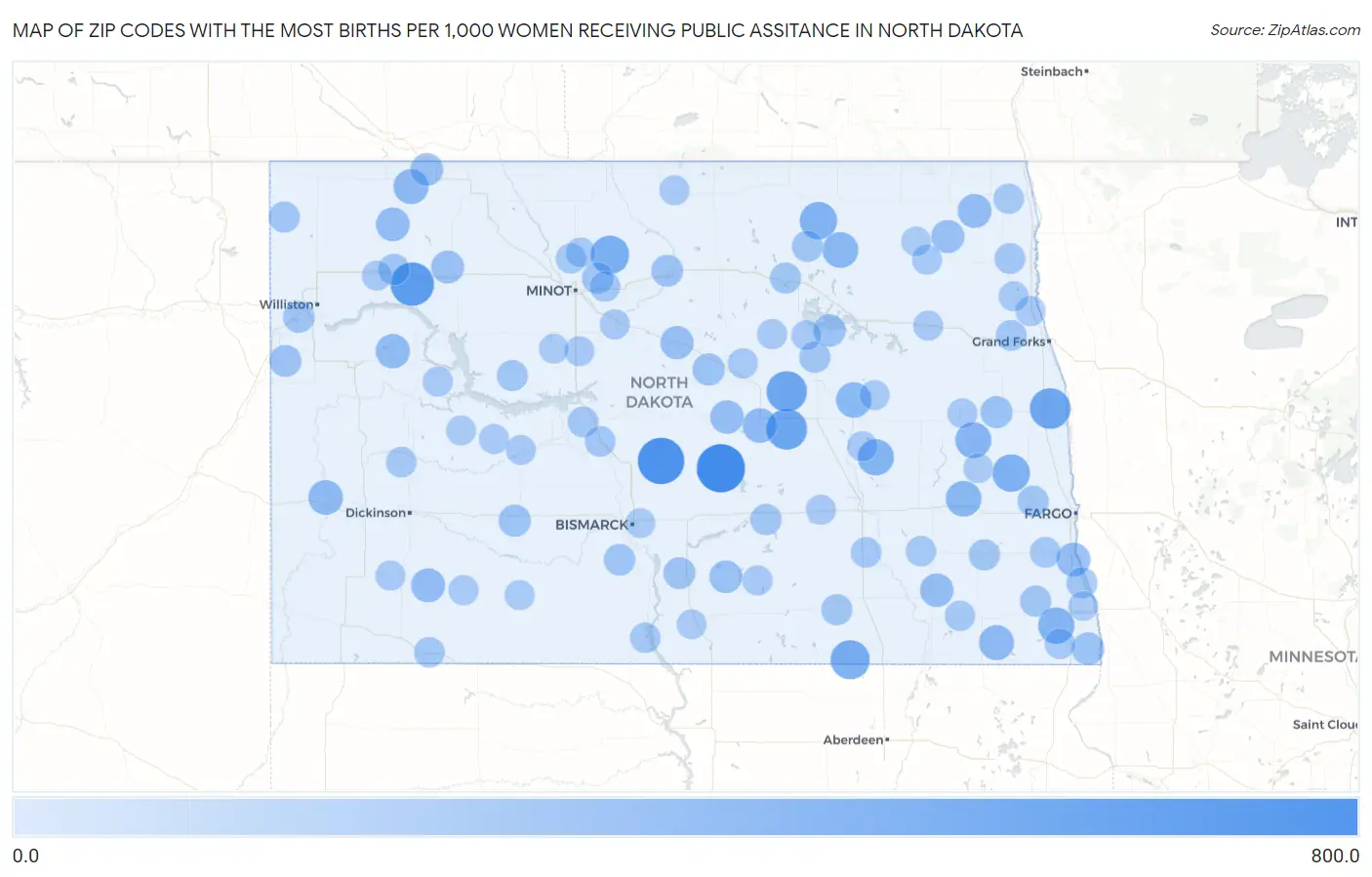 Zip Codes with the Most Births per 1,000 Women Receiving Public Assitance in North Dakota Map