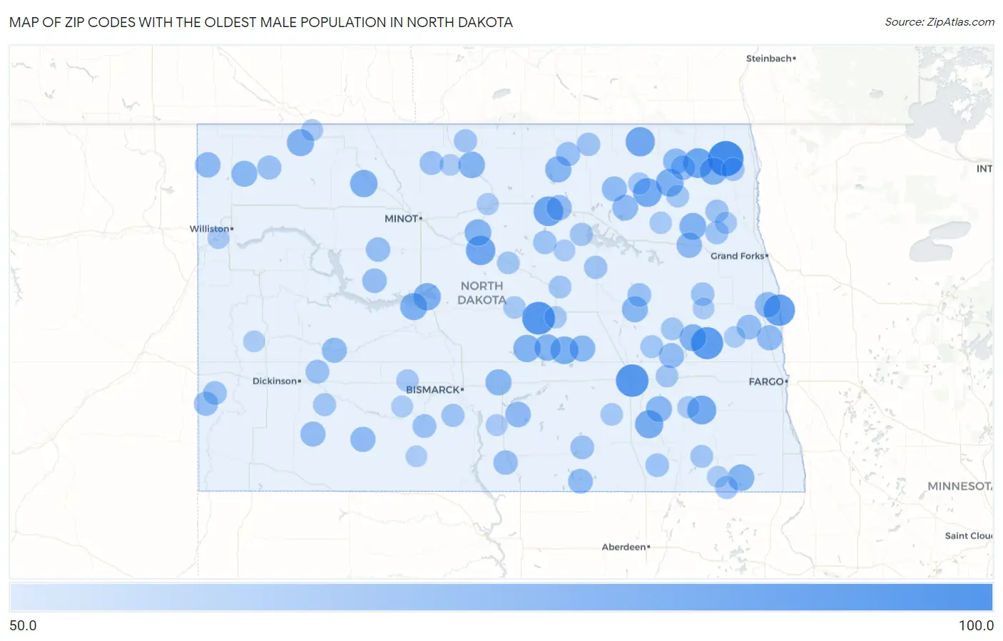 Zip Codes with the Oldest Male Population in North Dakota Map