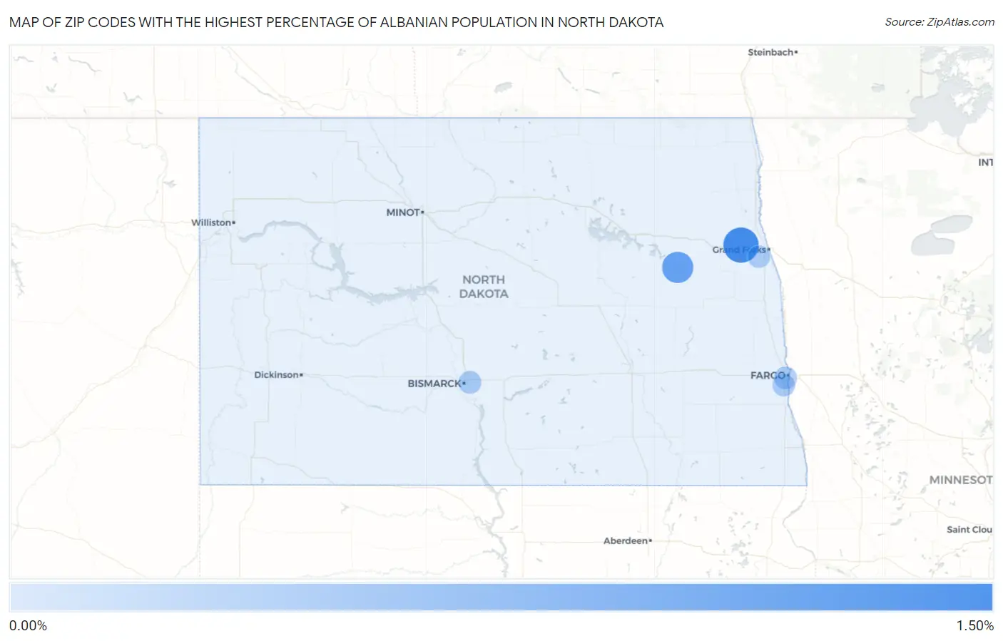 Zip Codes with the Highest Percentage of Albanian Population in North Dakota Map