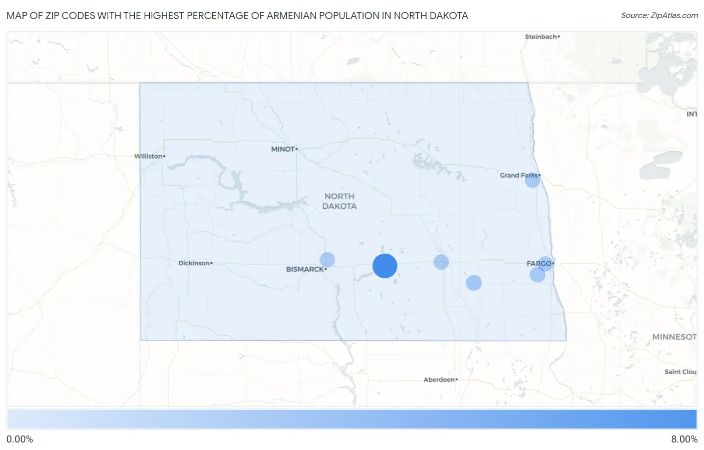 Zip Codes with the Highest Percentage of Armenian Population in North Dakota Map