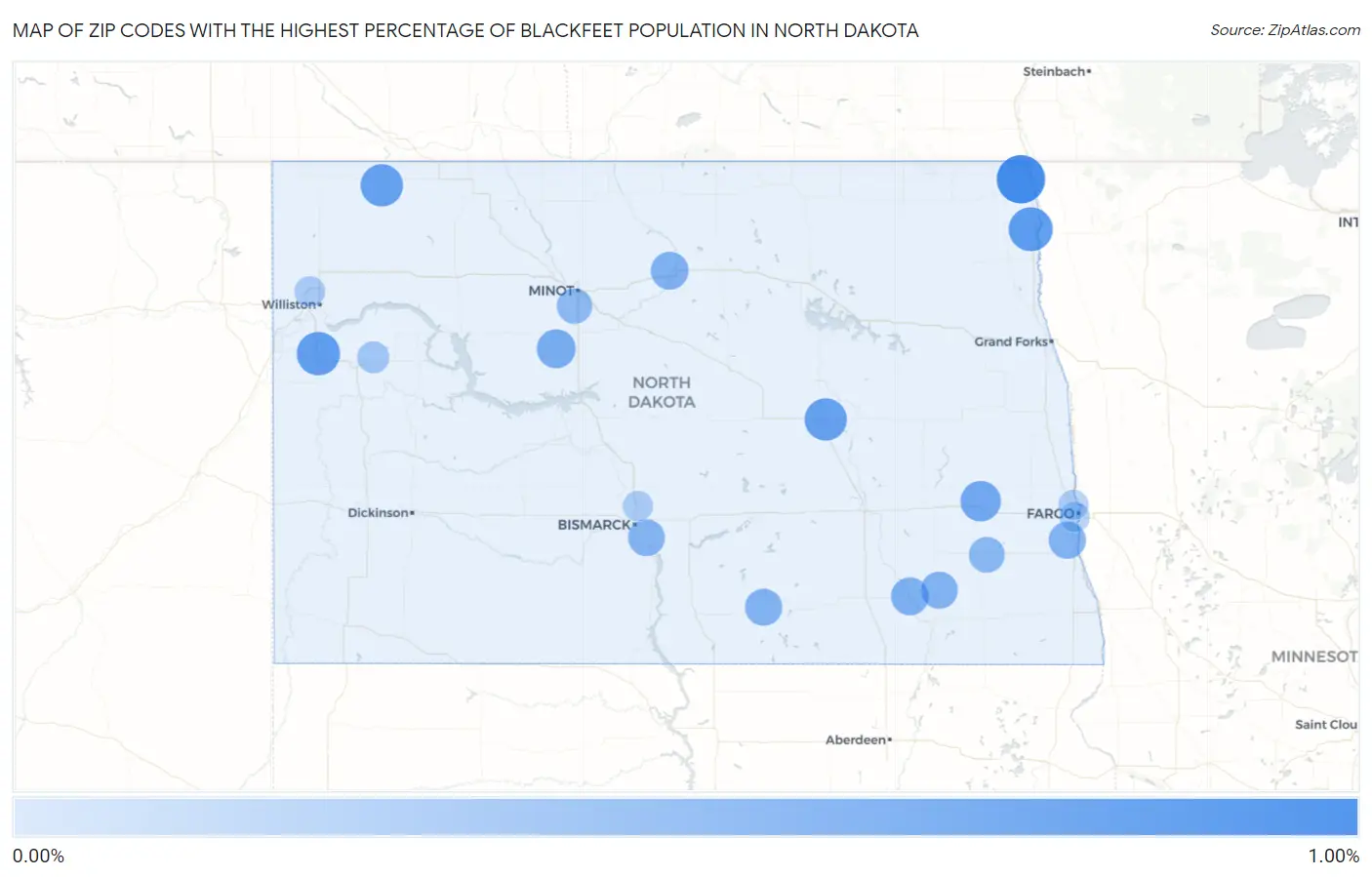 Zip Codes with the Highest Percentage of Blackfeet Population in North Dakota Map