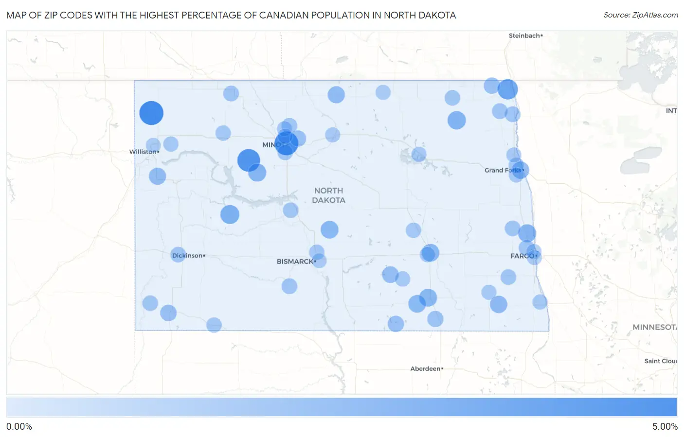 Zip Codes with the Highest Percentage of Canadian Population in North Dakota Map