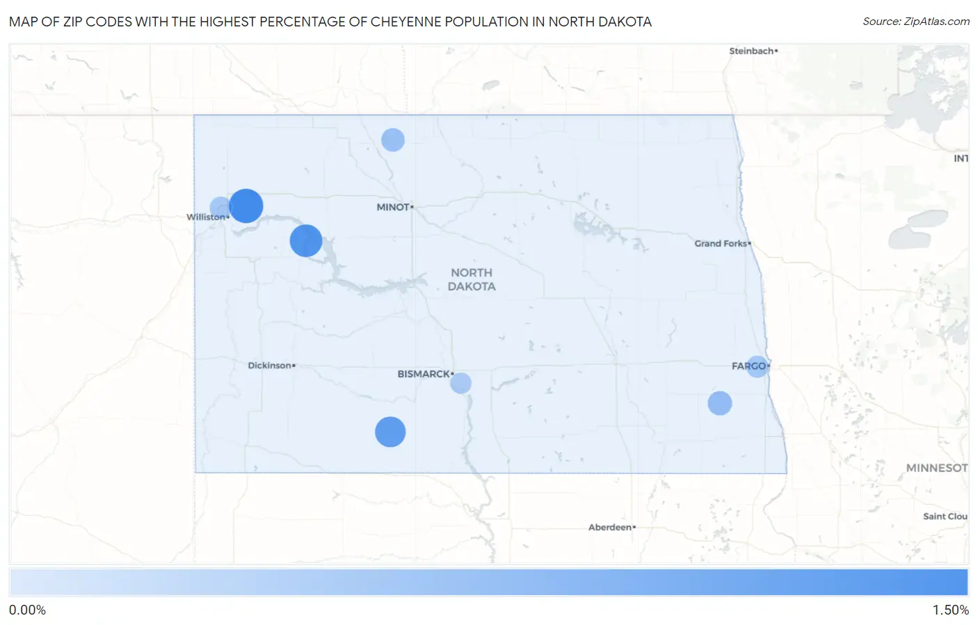 Zip Codes with the Highest Percentage of Cheyenne Population in North Dakota Map