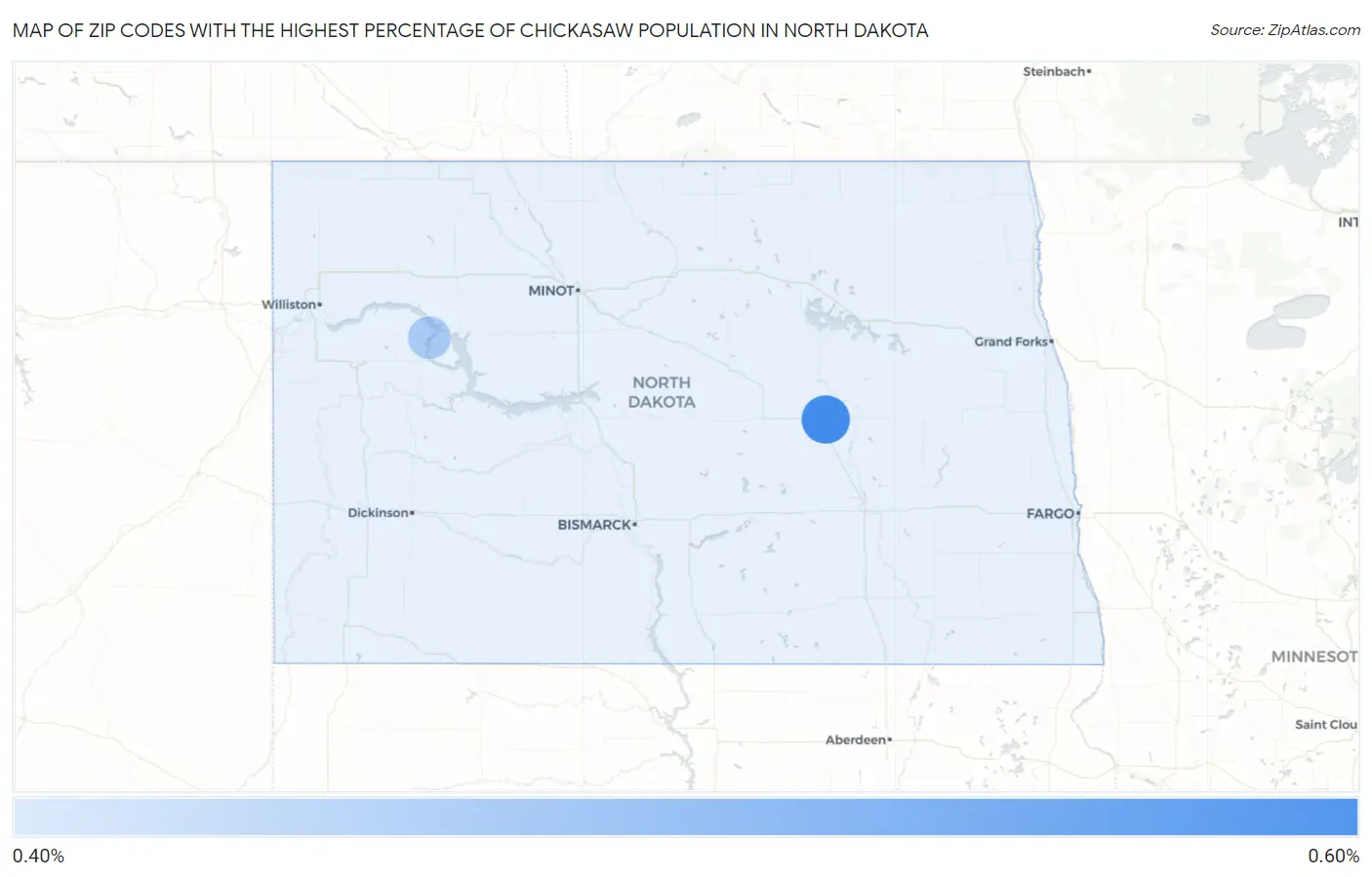 Zip Codes with the Highest Percentage of Chickasaw Population in North Dakota Map