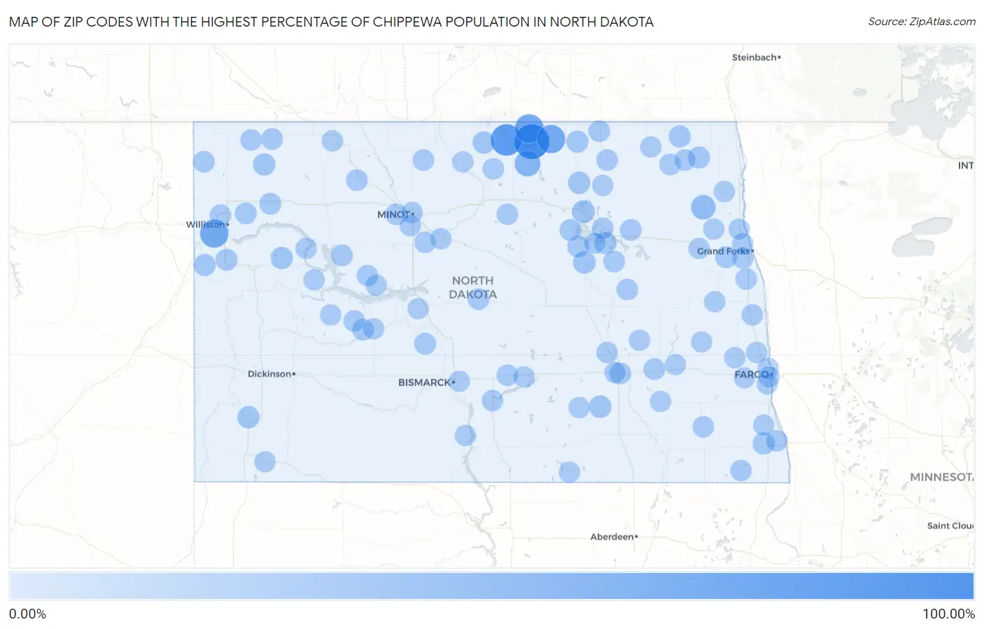 Zip Codes with the Highest Percentage of Chippewa Population in North Dakota Map