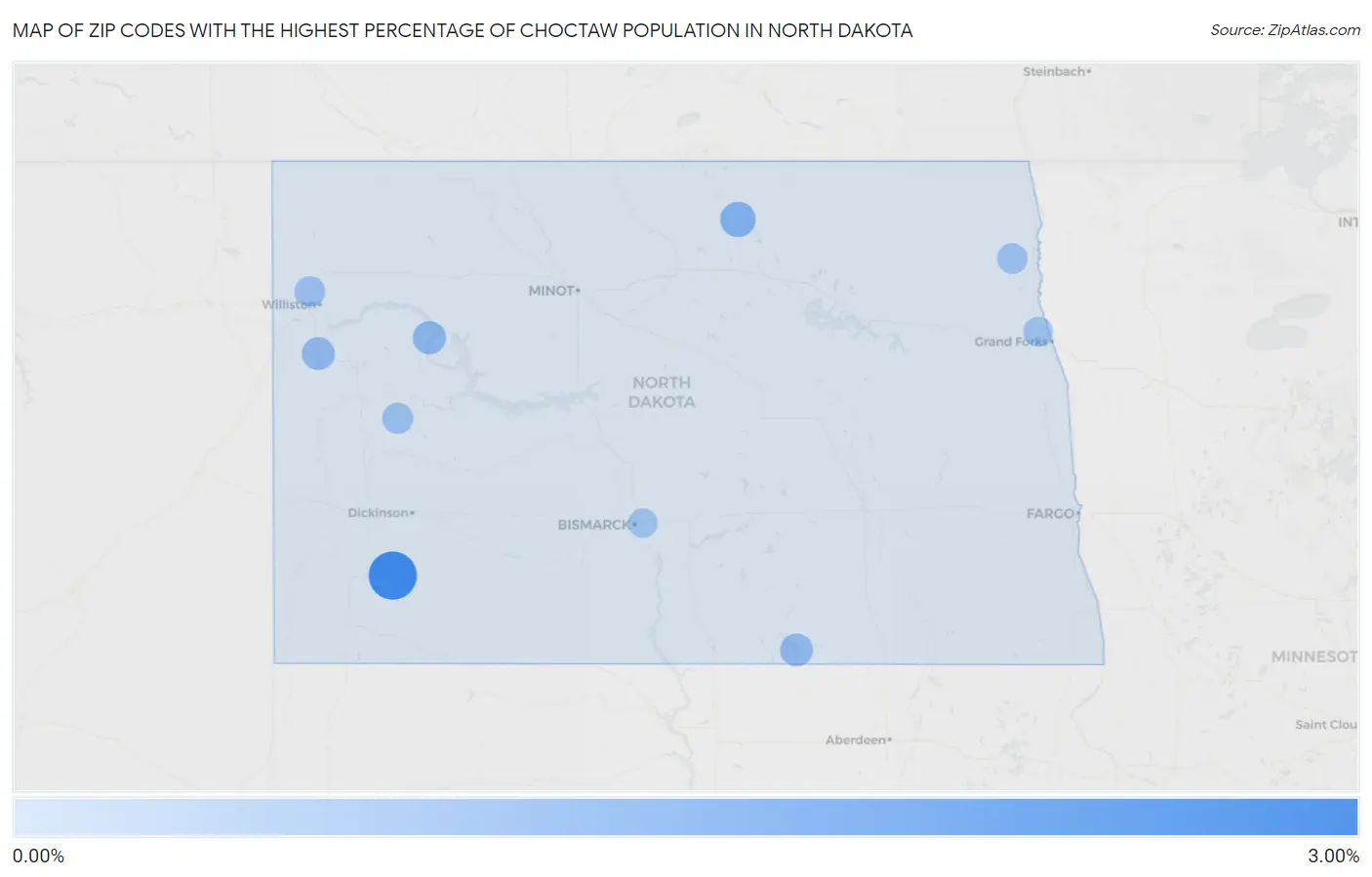 Zip Codes with the Highest Percentage of Choctaw Population in North Dakota Map