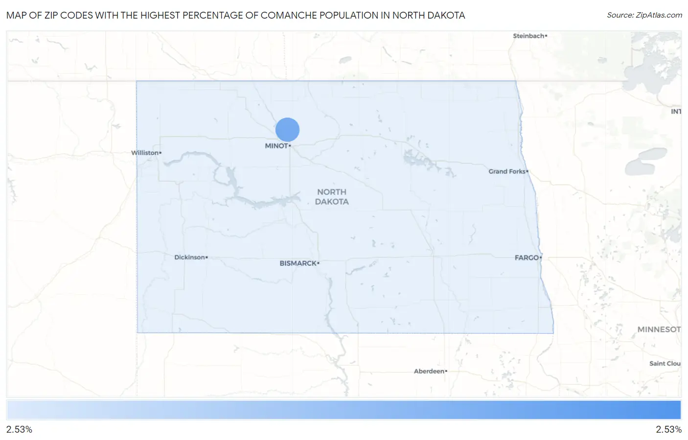 Zip Codes with the Highest Percentage of Comanche Population in North Dakota Map