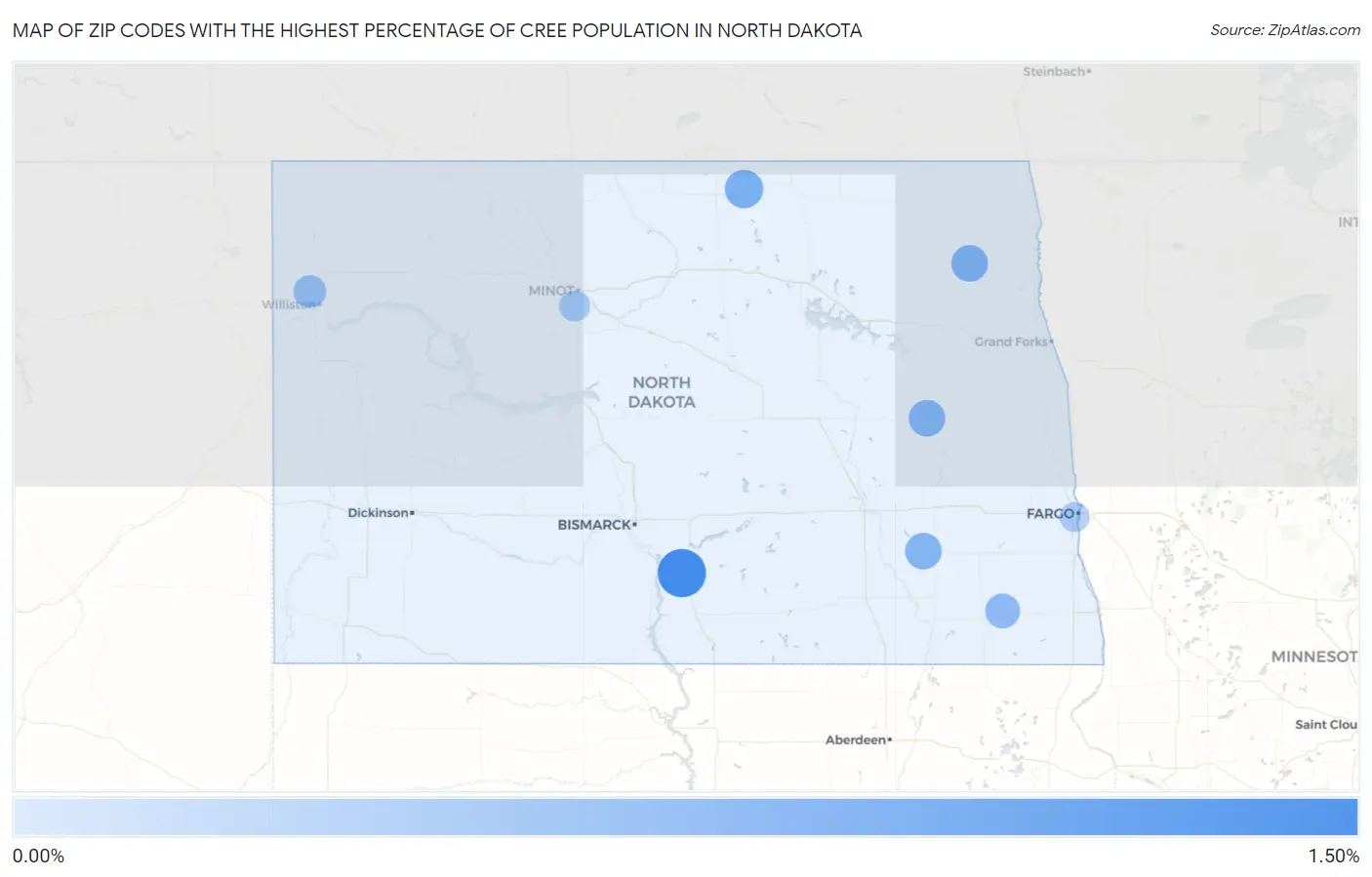 Zip Codes with the Highest Percentage of Cree Population in North Dakota Map