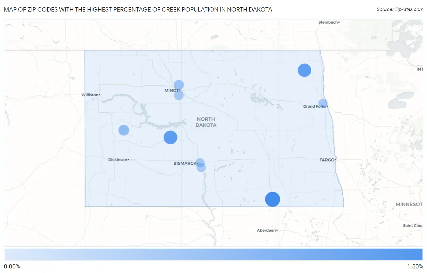 Zip Codes with the Highest Percentage of Creek Population in North Dakota Map