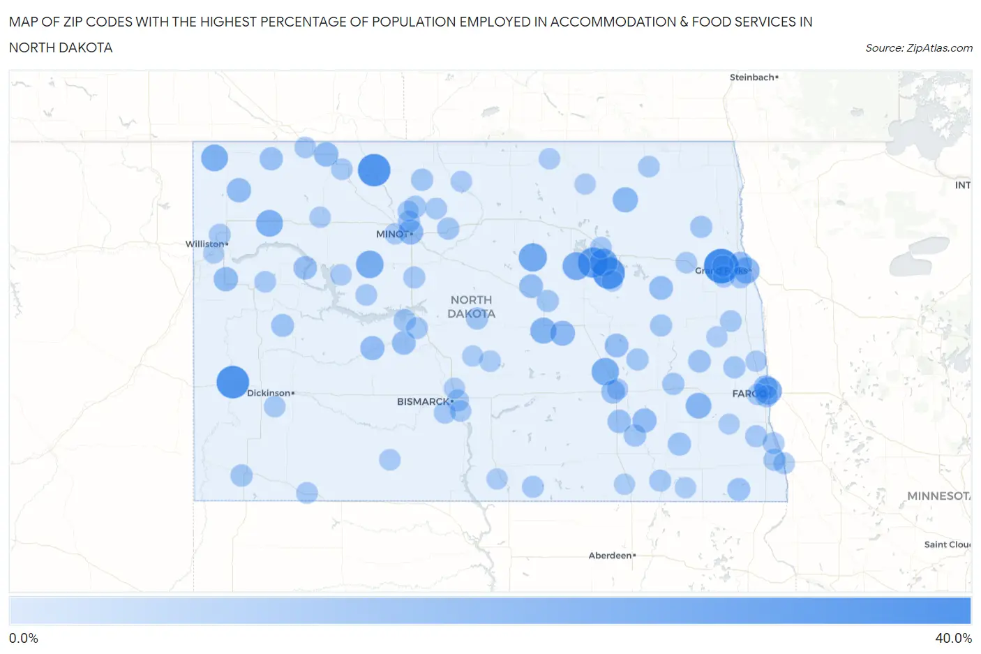 Zip Codes with the Highest Percentage of Population Employed in Accommodation & Food Services in North Dakota Map